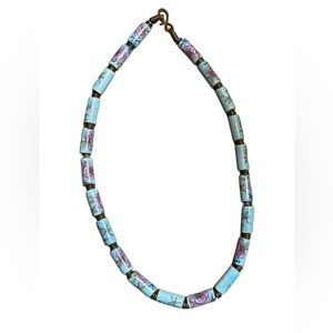Vintage Blue Floral Porcelain Bead Necklace